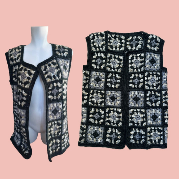 Hand-Crocheted Granny Square Vest – Black, Grey & Beige (S–L Fit) - Picture 1 of 6